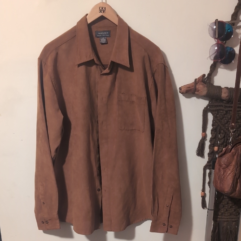 Fake Suede Brown Button-Up Shirt With Satin Lining Size Large